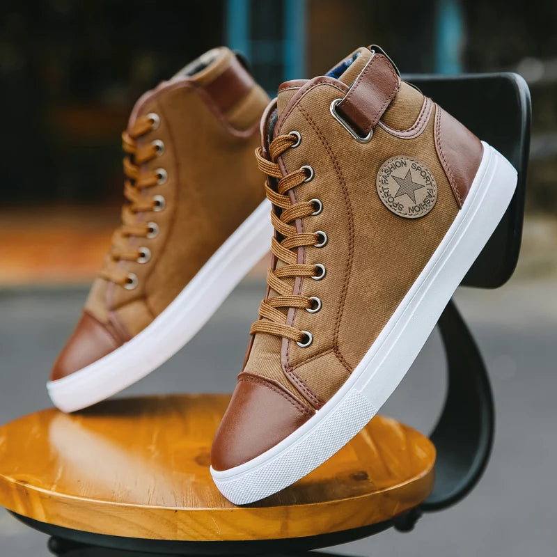 Wholesale Fashion Trendy High Top Casual Sport Shoes Leather Boots Comfort Breathable Men's Canvas Sneakers