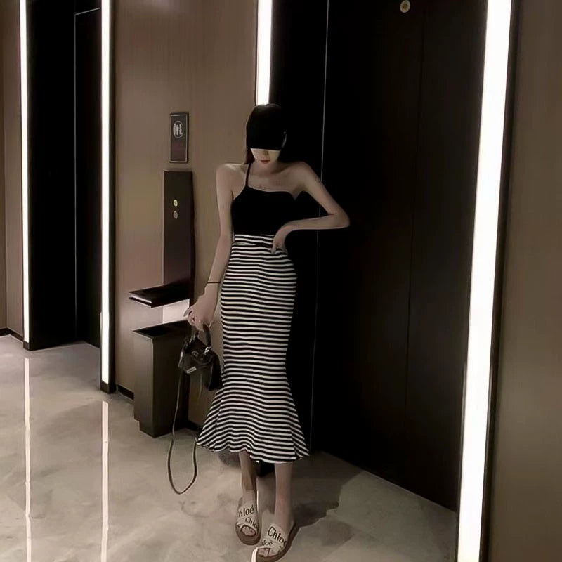 Women's Striped Mid-Length Fishtail Skirt for Summer Slim Fit below the Knee
