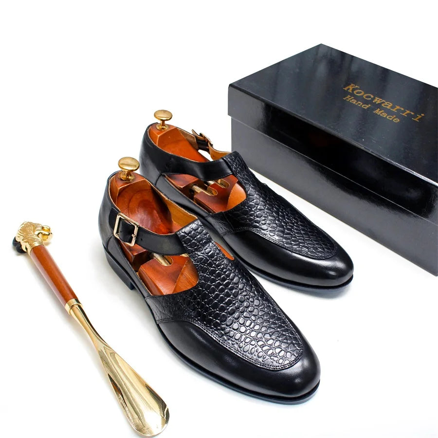 Comfortable Men Leather Sandals Snake Print Pointed Dress Shoes Casual Buckle Handmade Leather Sandals Home Men's Leather Shoes