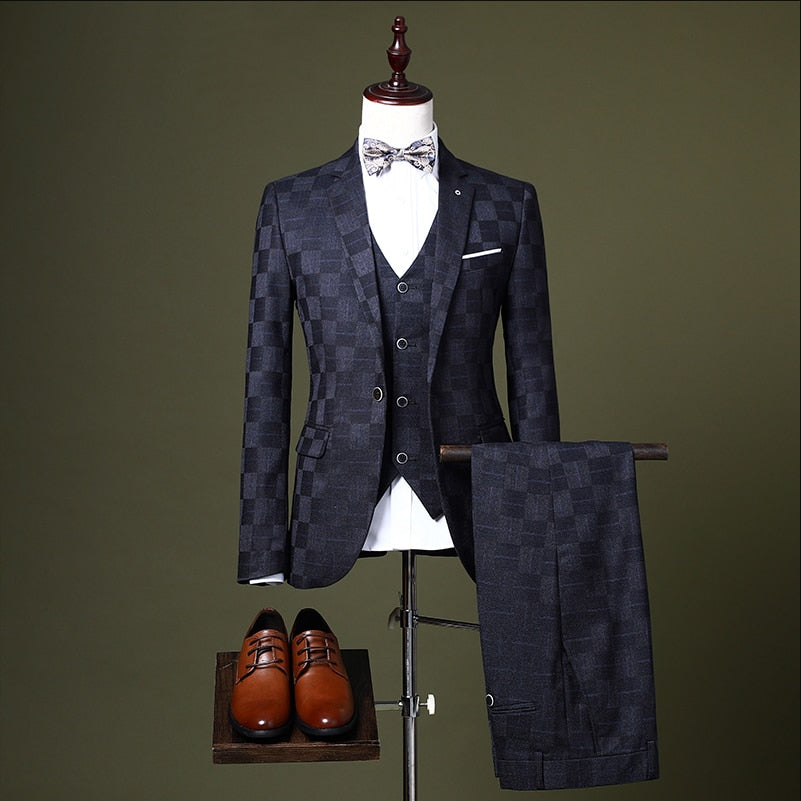 (Blazer +Pants + Vest ) Fashion Men Boutique Plaid Suit 3 Piece Blue / Black New Men's Business Dress Male Slim Fit Clothing