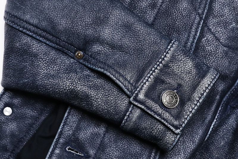 Vintage Blue Cowboy Genuine Leather Jacket Men's Natural Cowhide Slim Short Coat Casual Style Single Breasted Retro Clothes