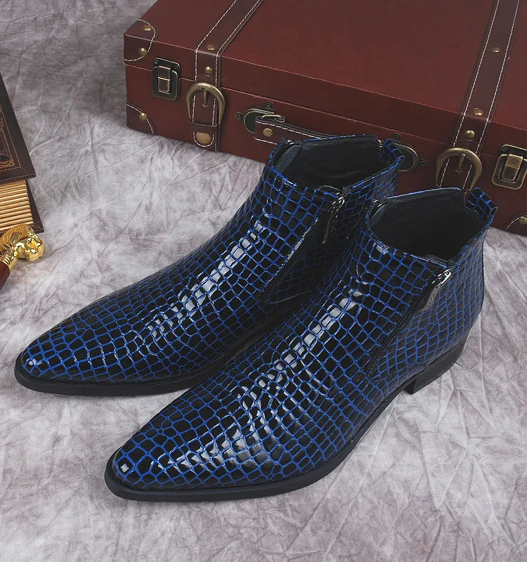 Men Ankle Boots Genuine Leather Black Blue Pointy Men Elegant Dress Boot Italian Formal Crocodile Pattern Chelsea Boot Shoes Men