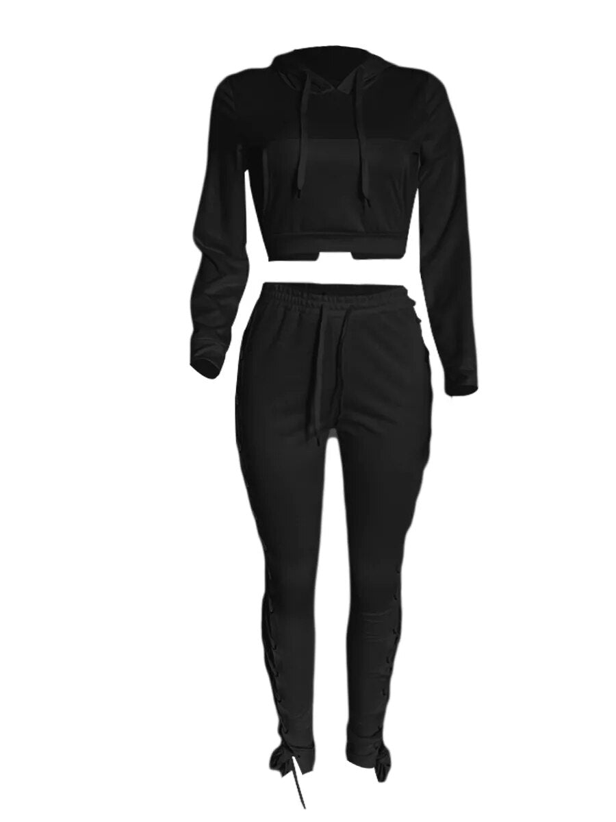 LW Sexy Bandage Design Crop Top Tracksuit Set Hooded Collar Solid 2023 Autumn Winter Women's Suit Two Pieces Outfits