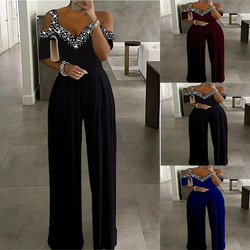 Sexy&Club Fashion Women's 2023 Spring Summer New Wide-leg Jumpsuit Sequins Print Casual V Neck Off Shoulder Pants Party Rompers
