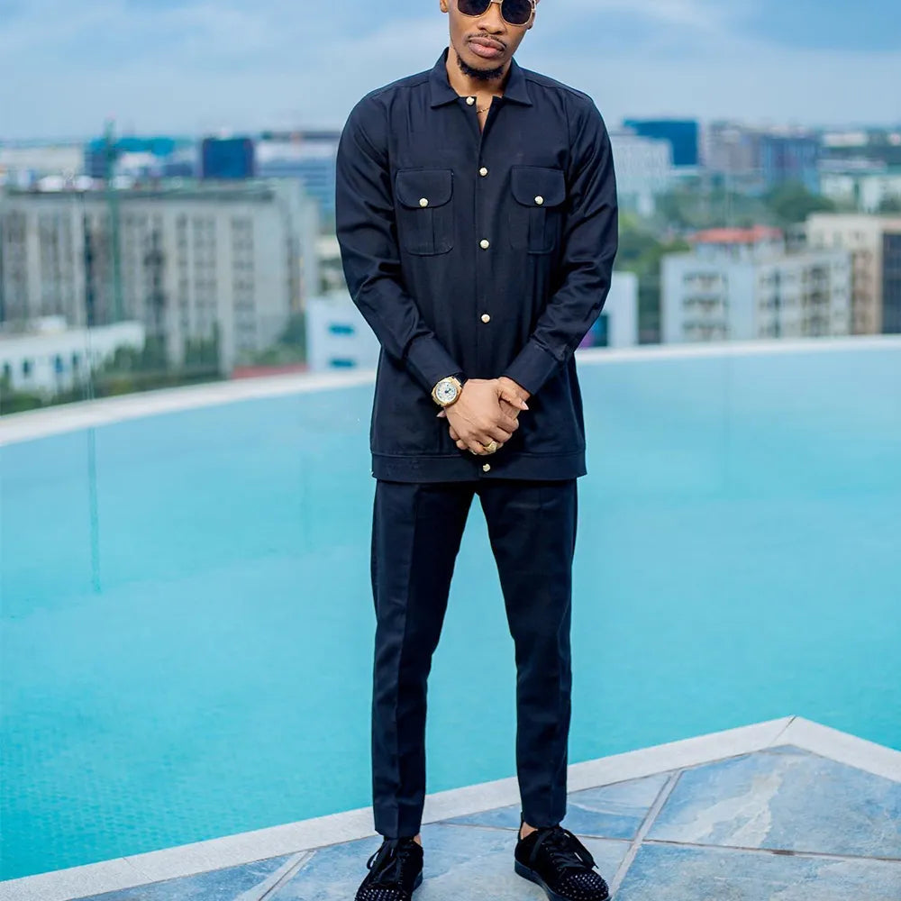 New Classic Men's Two-piece Suit Pants Jacket T-shirt Solid Color Iong Sleeve Festival Wedding African National Style Clothing