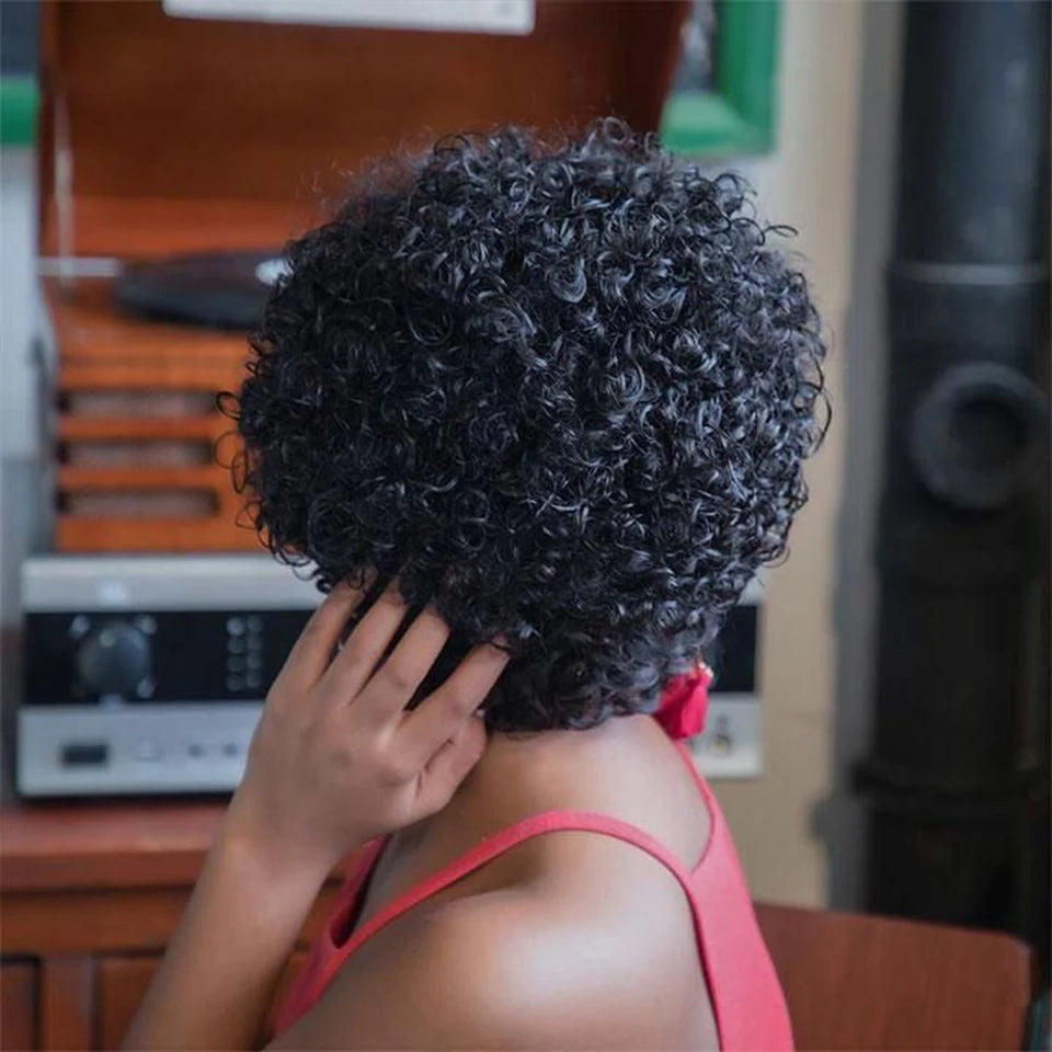 Pixie Short Afro Curly Bob Human Hair Wigs With Bangs For Women Brazilian Remy Hair Wear and Go Natural Brown Kinky Curly Wigs