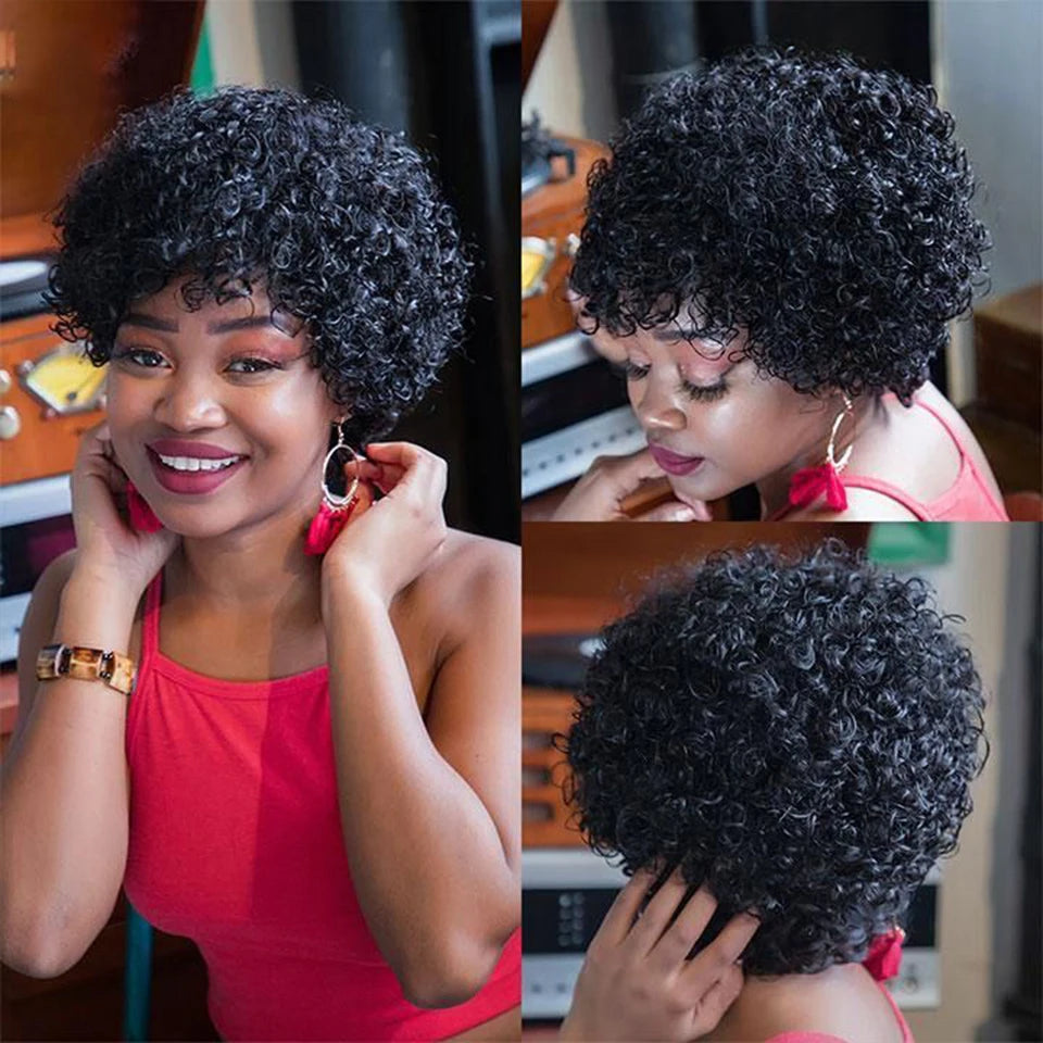 Pixie Short Afro Curly Bob Human Hair Wigs With Bangs For Women Brazilian Remy Hair Wear and Go Natural Brown Kinky Curly Wigs