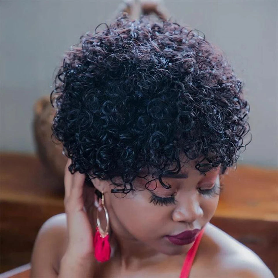 Pixie Short Afro Curly Bob Human Hair Wigs With Bangs For Women Brazilian Remy Hair Wear and Go Natural Brown Kinky Curly Wigs