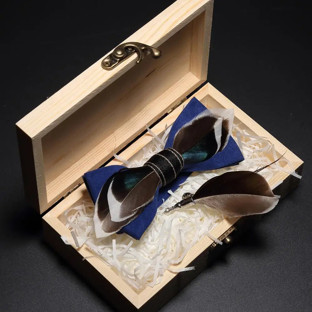 Ricnais Nature Design Feather Bow Tie For Men Original Handmand Bowtie Brooch Set Suit Wedding Party With Box Gift Accessories