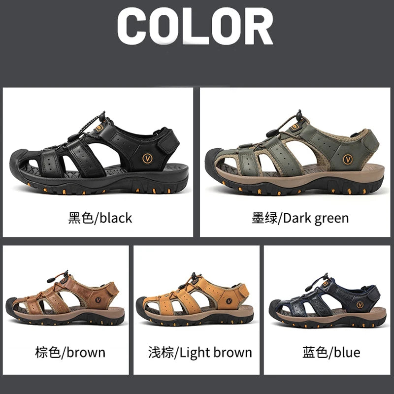 Genuine Leather Upper Extra Size Men's Outdoor Trail Hiking Walking Sandals Summer Sports Beach Shoes for Men