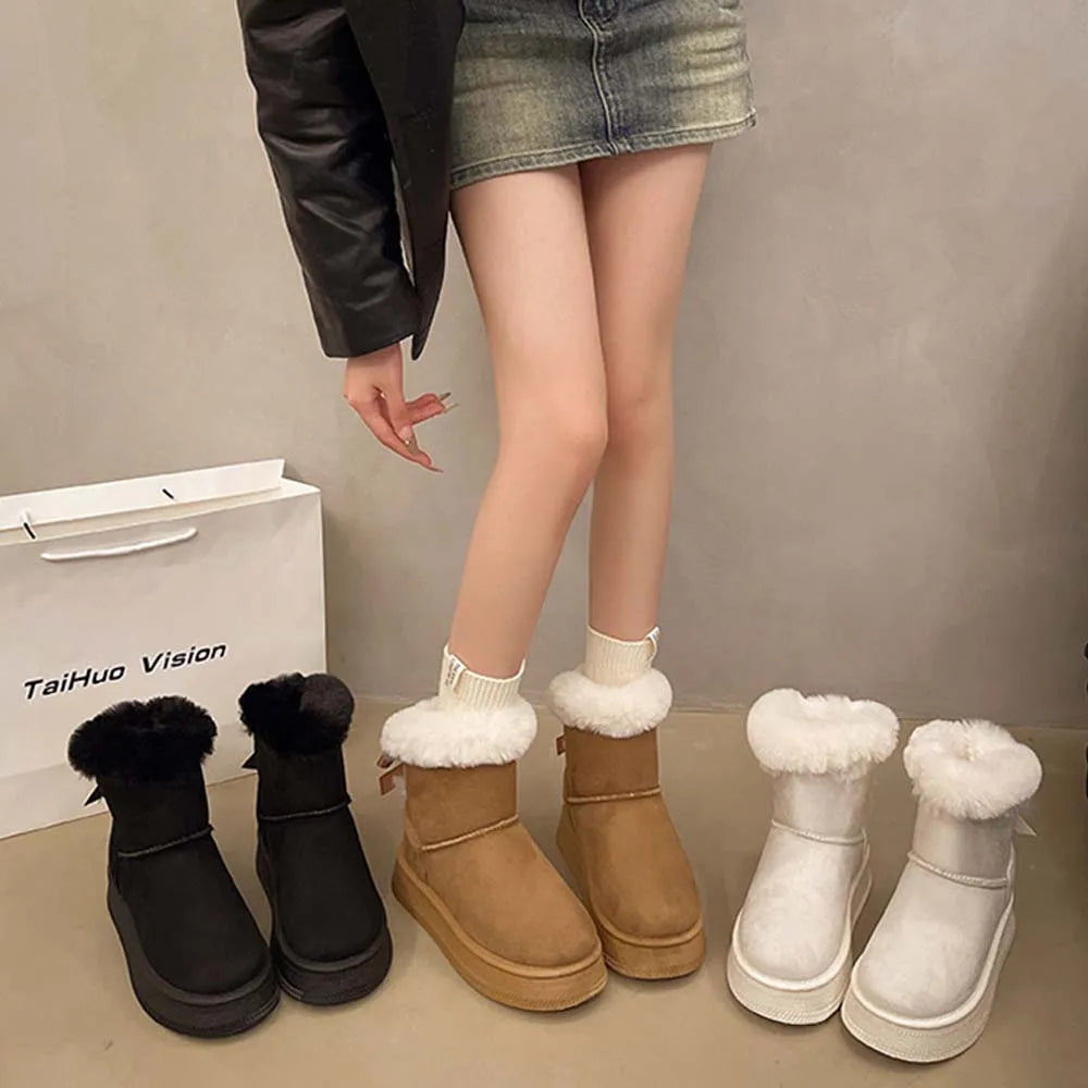 Ladies Velvet Thick Soled Snow Boots 2025 Winter New Style Bow Warm Large Women's Shoes