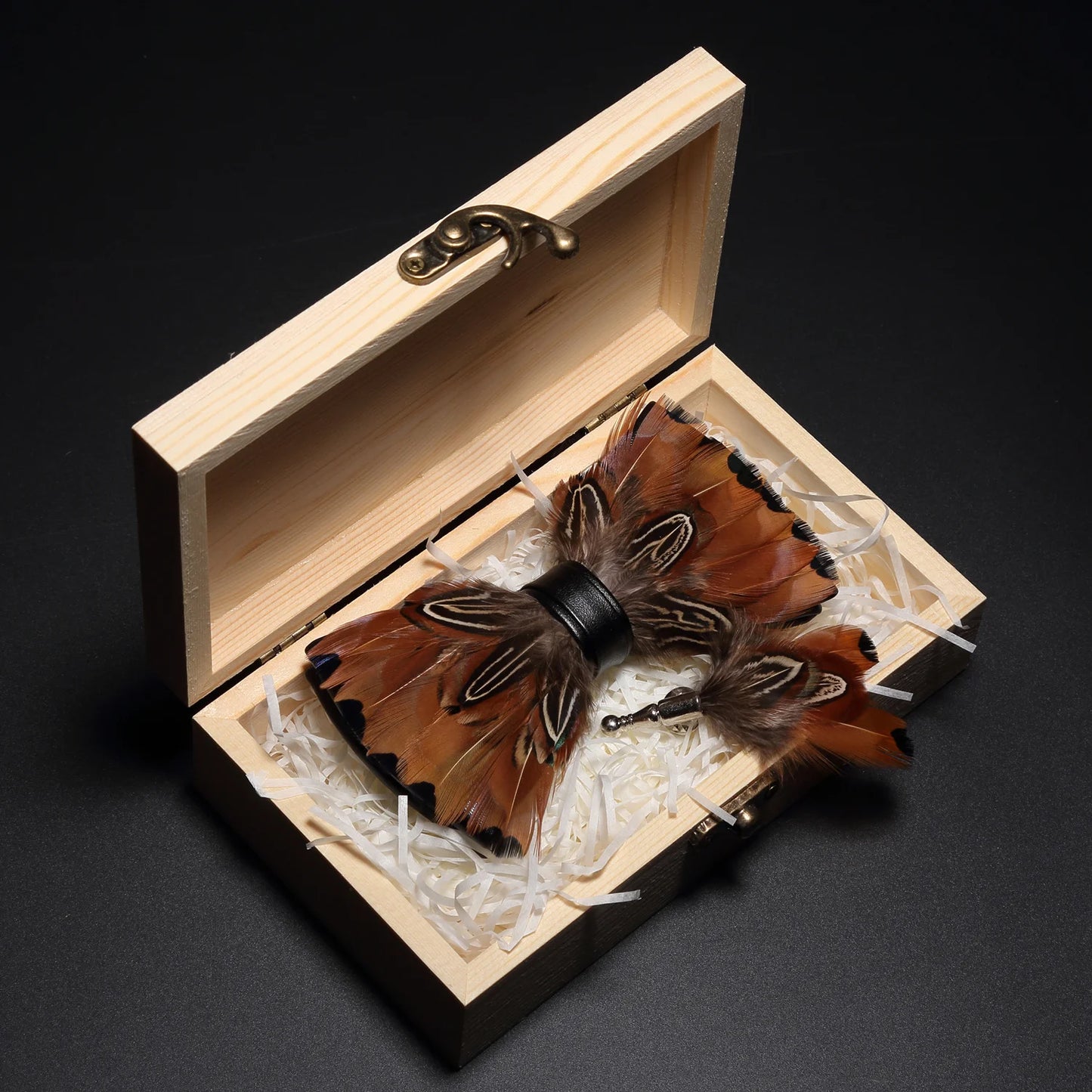 Ricnais Nature Design Feather Bow Tie For Men Original Handmand Bowtie Brooch Set Suit Wedding Party With Box Gift Accessories