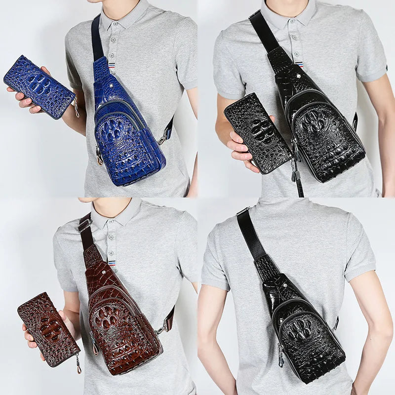 Luxury Crocodile Pattern Genuine Cow Leather Men's Chest Bag Messenger Leather Travel Chest Backpack For Work Man Designers 2024