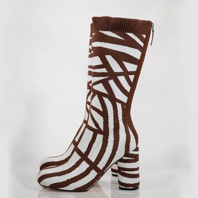 Women Zebra Pattern Knitting Half Knee High Boots High Chunky Round Heels Square Toe Mid Calf Short Boots Back Zipper Shoes