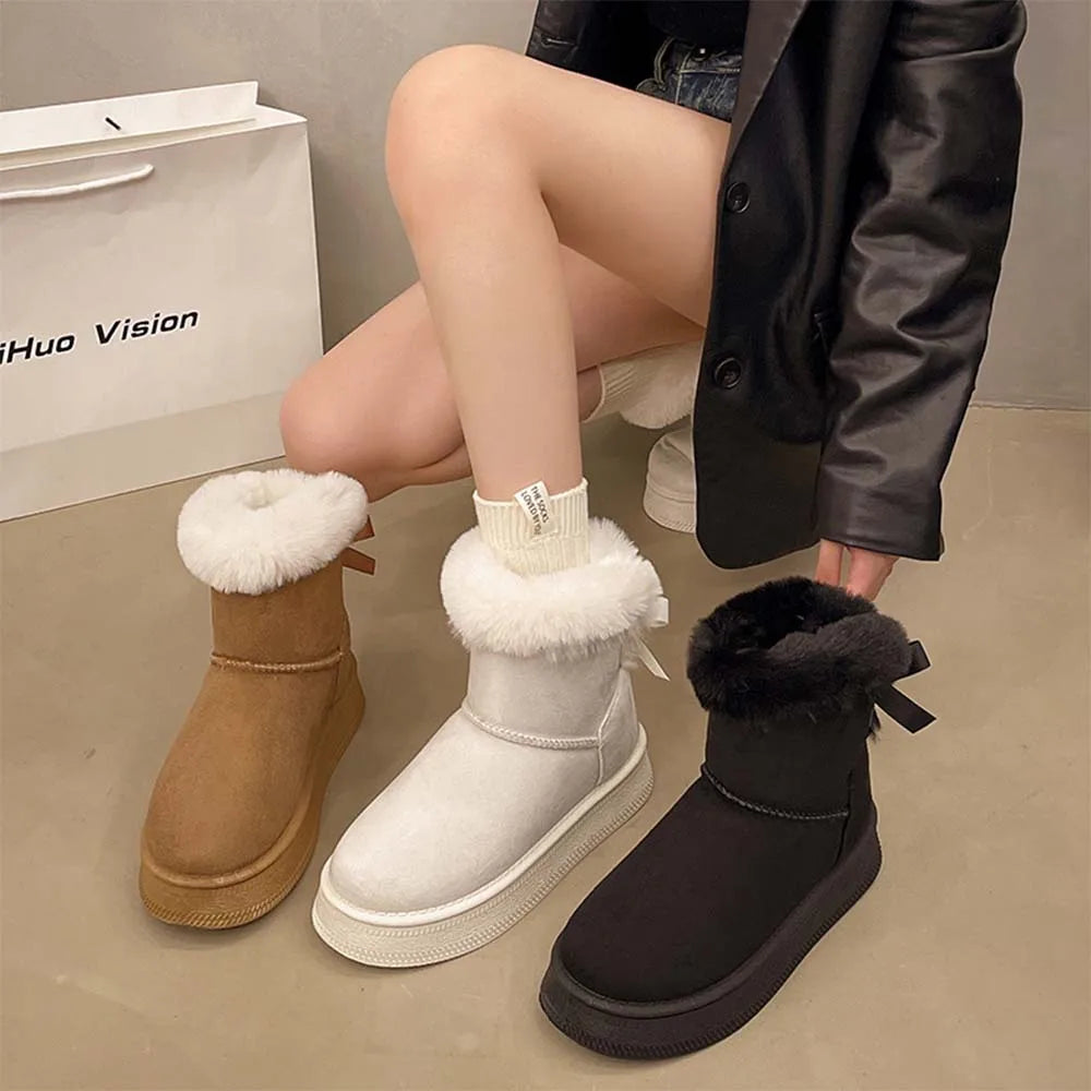 Ladies Velvet Thick Soled Snow Boots 2025 Winter New Style Bow Warm Large Women's Shoes
