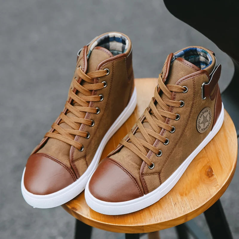 Wholesale  Fashion Trendy High Top Casual Sport Shoes Leather Boots Comfort Breathable Men's Canvas Sneakers