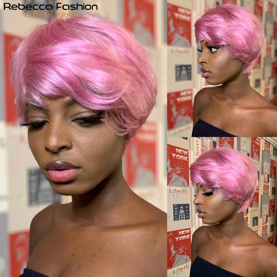 Short Human Hair Wigs Pixie Cut Straight Remy Brazilian Hair for Black Women Machine Made Highlight Color Cheap Glueless Wigs