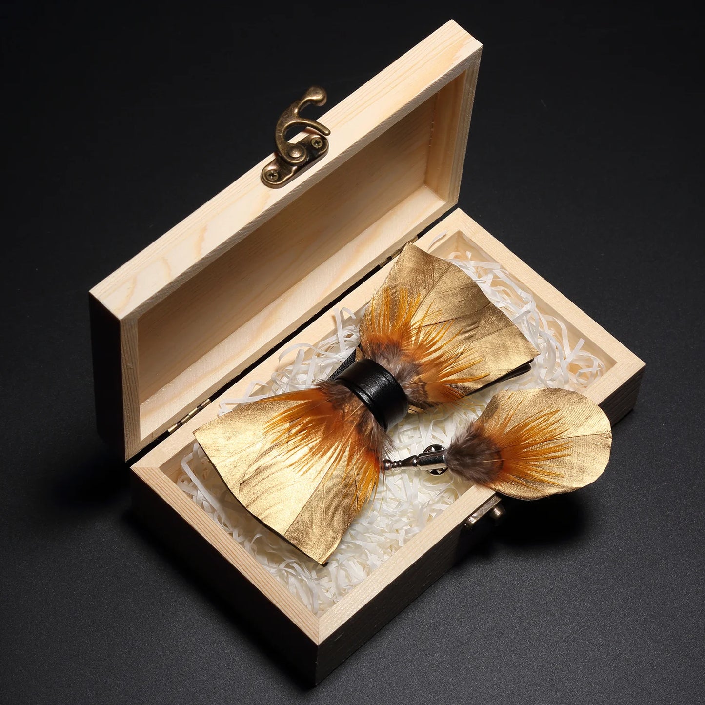 Ricnais Nature Design Feather Bow Tie For Men Original Handmand Bowtie Brooch Set Suit Wedding Party With Box Gift Accessories