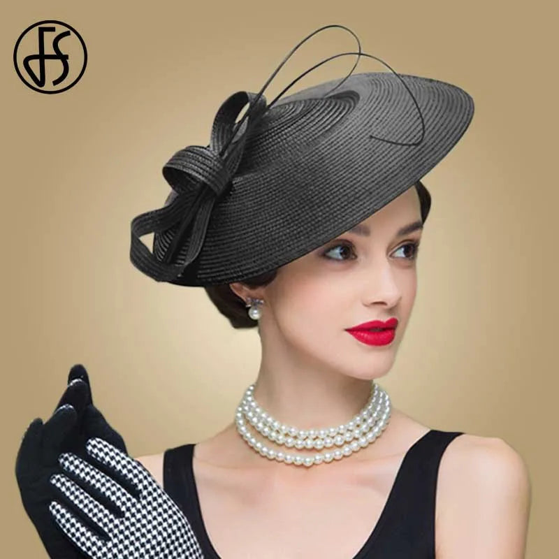 FS Fascinators Black White Weddings Pillbox Hat For Women Church Hat Sraw Fedora Black Wide Ladies Dress Sinamay Derby Hats