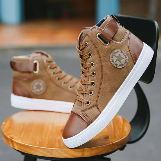 Wholesale  Fashion Trendy High Top Casual Sport Shoes Leather Boots Comfort Breathable Men's Canvas Sneakers