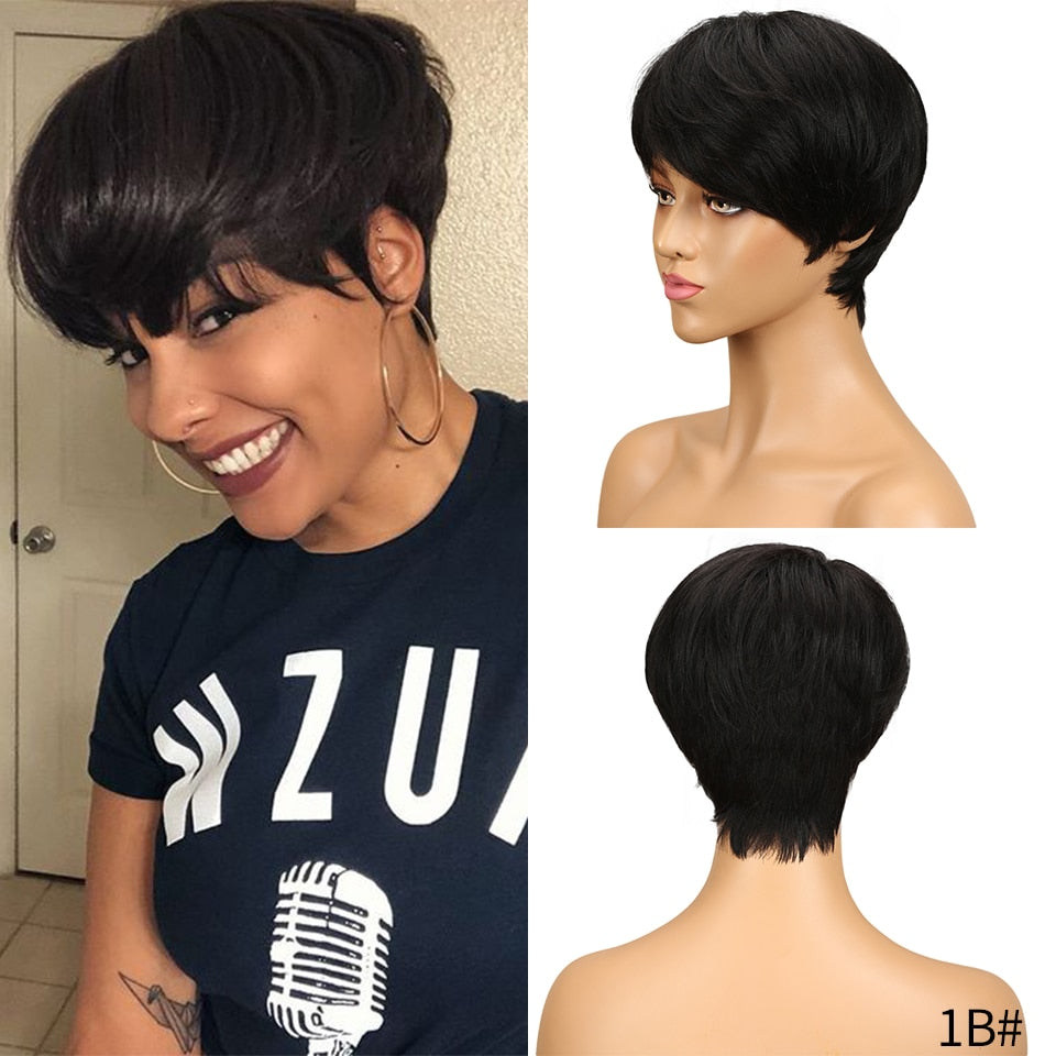 Short Human Hair Wigs Pixie Cut Straight Remy Brazilian Hair for Black Women Machine Made Highlight Color Cheap Glueless Wigs
