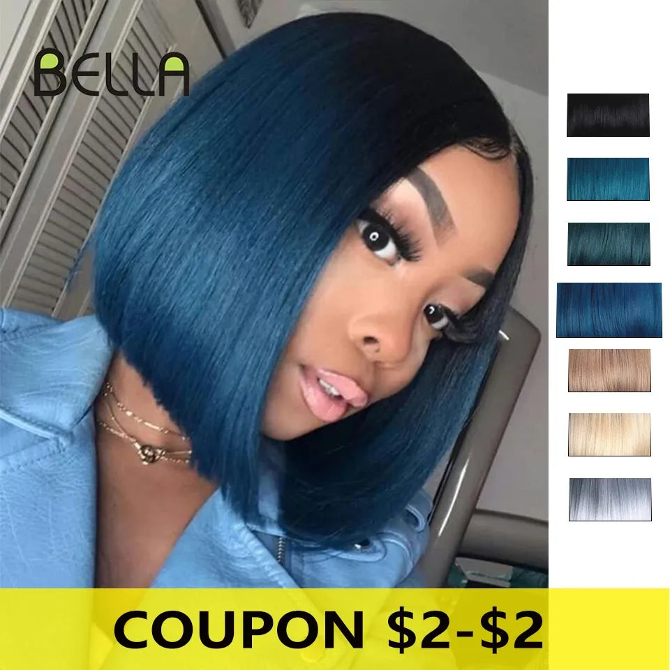 BELLA Synthetic Lace Wig Short Bob Wig Nature Color Blue Blonde Green 7 Colors Availabe 10" Wigs For Women Heat Resistant