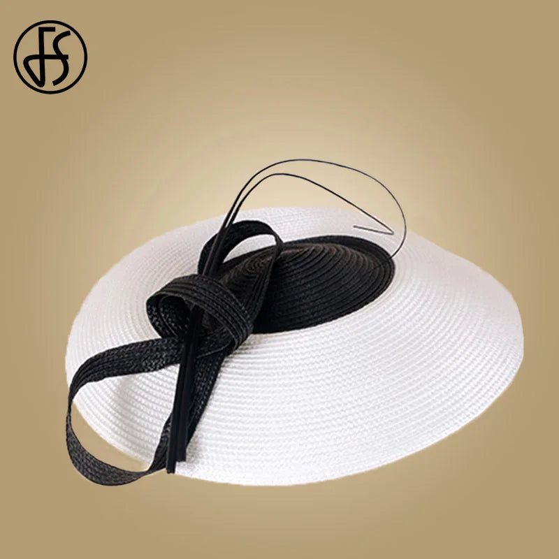 FS Fascinators Black White Weddings Pillbox Hat For Women Church Hat Sraw Fedora Black Wide Ladies Dress Sinamay Derby Hats