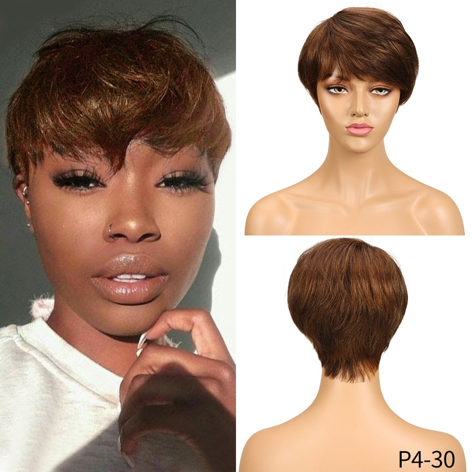 Short Human Hair Wigs Pixie Cut Straight Remy Brazilian Hair for Black Women Machine Made Highlight Color Cheap Glueless Wigs
