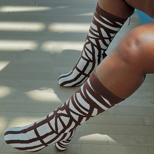 Women Zebra Pattern Knitting Half Knee High Boots High Chunky Round Heels Square Toe Mid Calf Short Boots Back Zipper Shoes