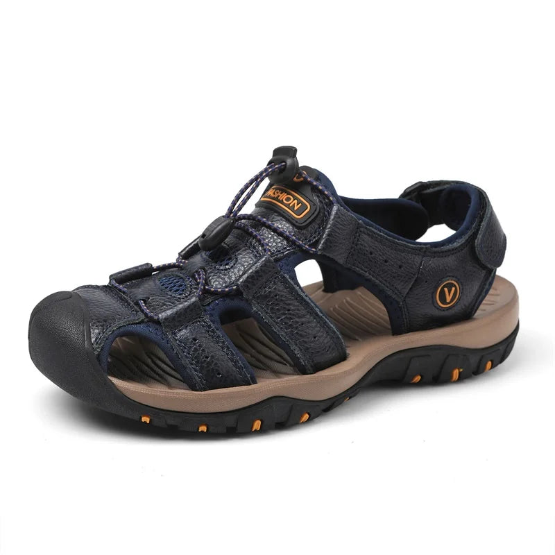 Genuine Leather Upper Extra Size Men's Outdoor Trail Hiking Walking Sandals Summer Sports Beach Shoes for Men