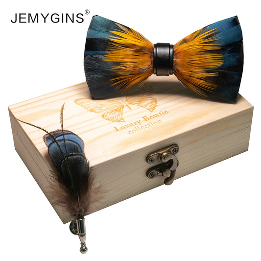JEMYGINS Men Bow Tie Natural Peacock Feather Bowtie Necktie Wedding with Gift Box Set Handmade Novelty Party Accessories
