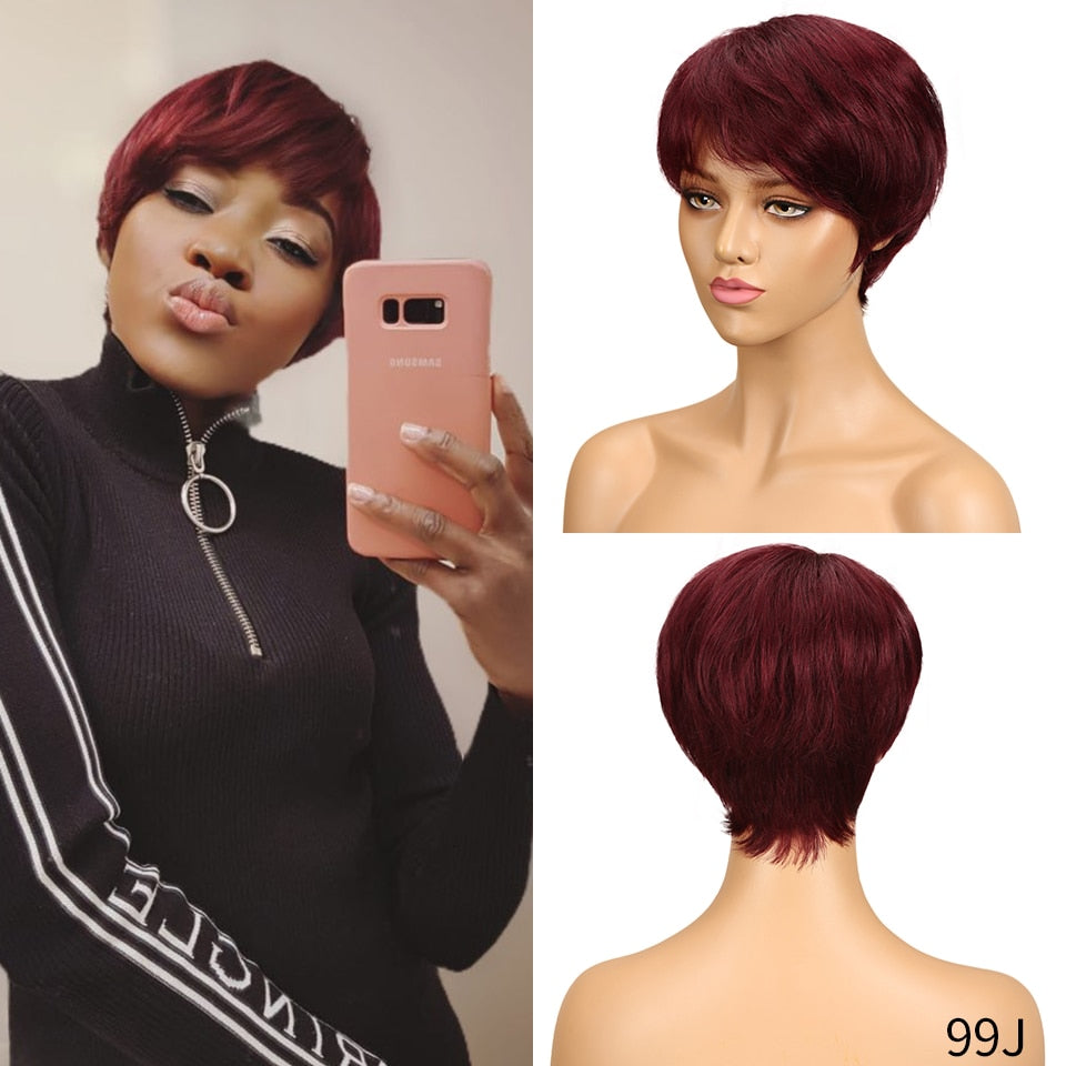 Short Human Hair Wigs Pixie Cut Straight Remy Brazilian Hair for Black Women Machine Made Highlight Color Cheap Glueless Wigs