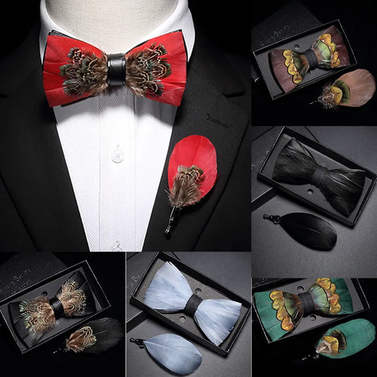 Ricnais Natural Men's Brid Feather Bow Tie Exquisite Hand Made Bowtie Brooch Pin Gift Box Set For Men Wedding Party Accessories