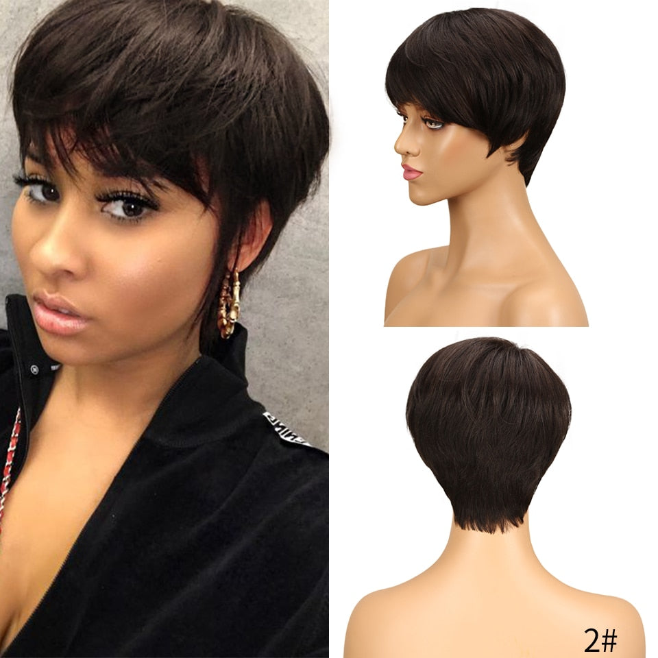 Short Human Hair Wigs Pixie Cut Straight Remy Brazilian Hair for Black Women Machine Made Highlight Color Cheap Glueless Wigs