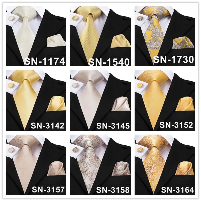 Champagne Ivory White Solid Tie 100% Silk Woven Men Tie Plain Necktie Hanky Cufflinks Set Wedding Classic Pocket Square Tie