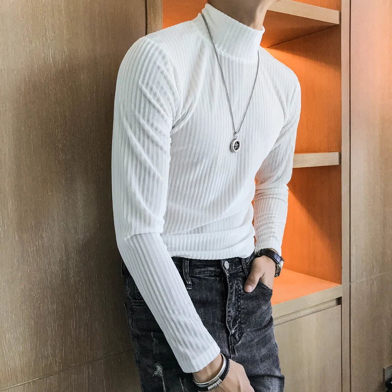 Velours Homme 2019 Autumn Heren Velvet T shirt Green Turtleneck Khaki T Shirts Mens Stripe T-shirts Slim Fit Mens T Shirt Retro