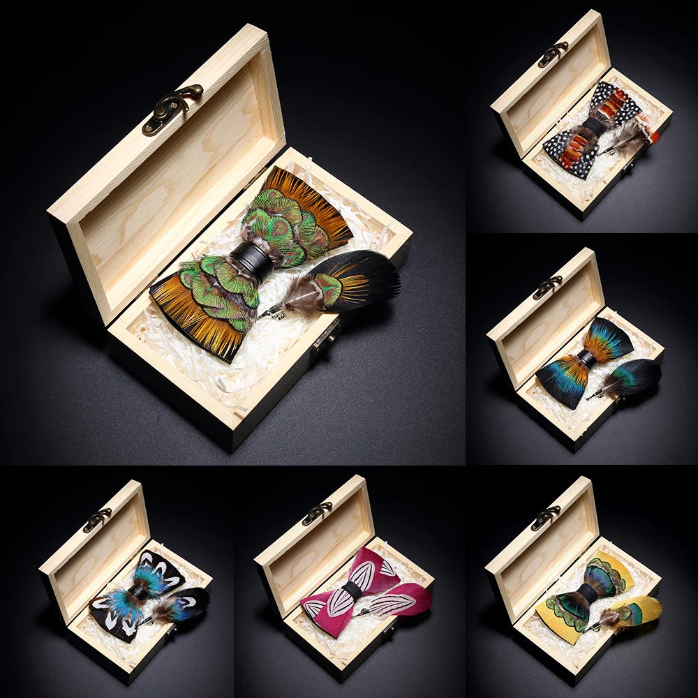 JEMYGINS 2019 original design bow tie feather bow exquisite handmade men's bow tie brooch pin wooden gift set wedding party