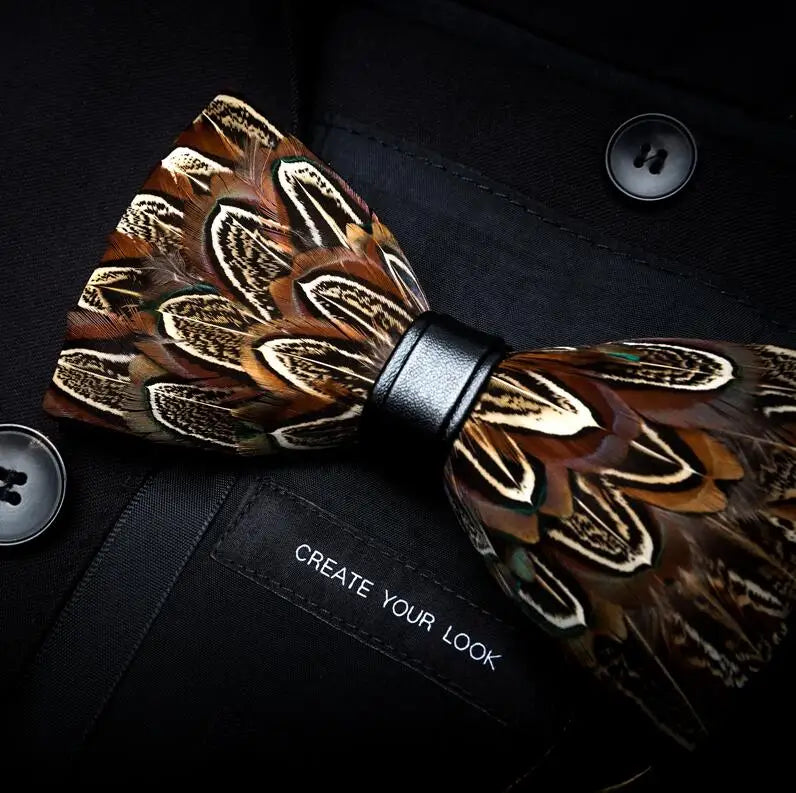 GUSLESON Novelty Handmade Mens Leather and Feather Bow Tie Brooch Pre-tied Bowtie For Wedding Party With Gift Box