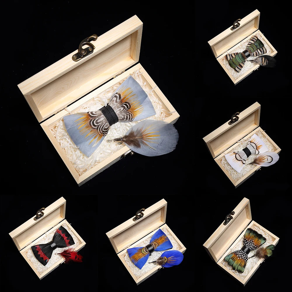 JEMYGINS original bow tie peacock feather handmade leather bow tie brooch pine gift set wedding party men's suit Bowtie Necktie