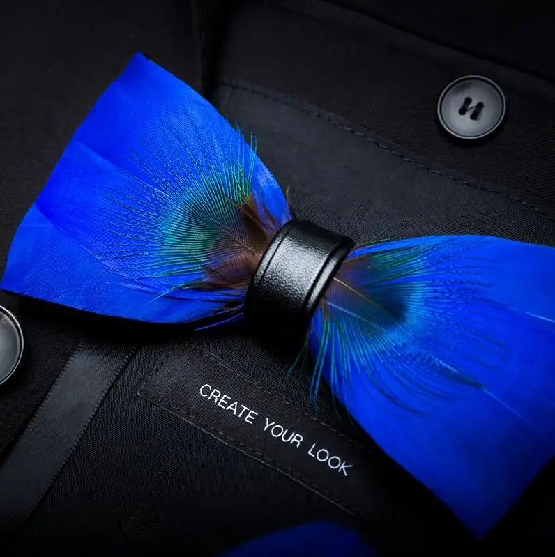 GUSLESON Novelty Handmade Mens Leather and Feather Bow Tie Brooch Pre-tied Bowtie For Wedding Party With Gift Box