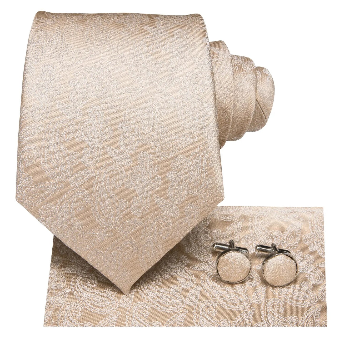 Champagne Ivory White Solid Tie 100% Silk Woven Men Tie Plain Necktie Hanky Cufflinks Set Wedding Classic Pocket Square Tie