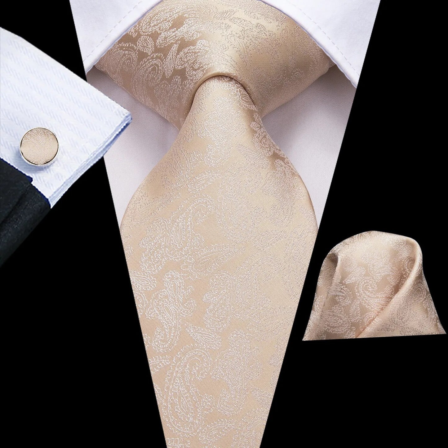 Champagne Ivory White Solid Tie 100% Silk Woven Men Tie Plain Necktie Hanky Cufflinks Set Wedding Classic Pocket Square Tie
