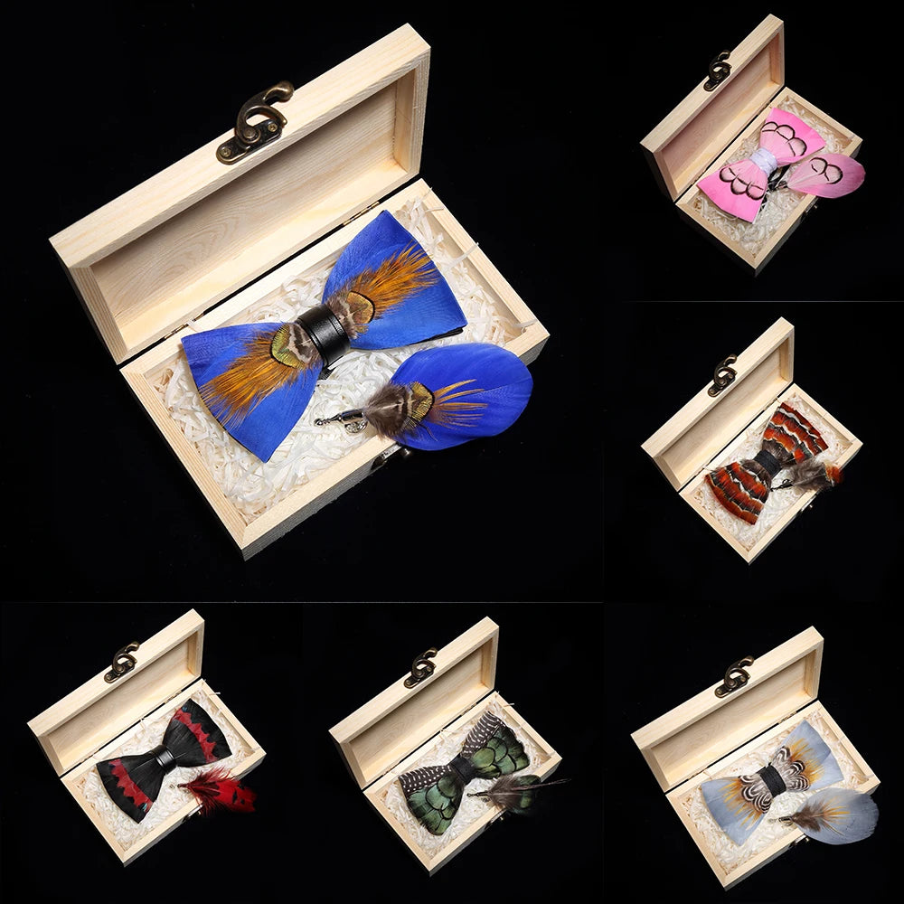 JEMYGINS original bow tie peacock feather handmade leather bow tie brooch pine gift set wedding party men's suit Bowtie Necktie