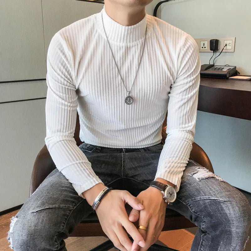 Velours Homme 2019 Autumn Heren Velvet T shirt Green Turtleneck Khaki T Shirts Mens Stripe T-shirts Slim Fit Mens T Shirt Retro
