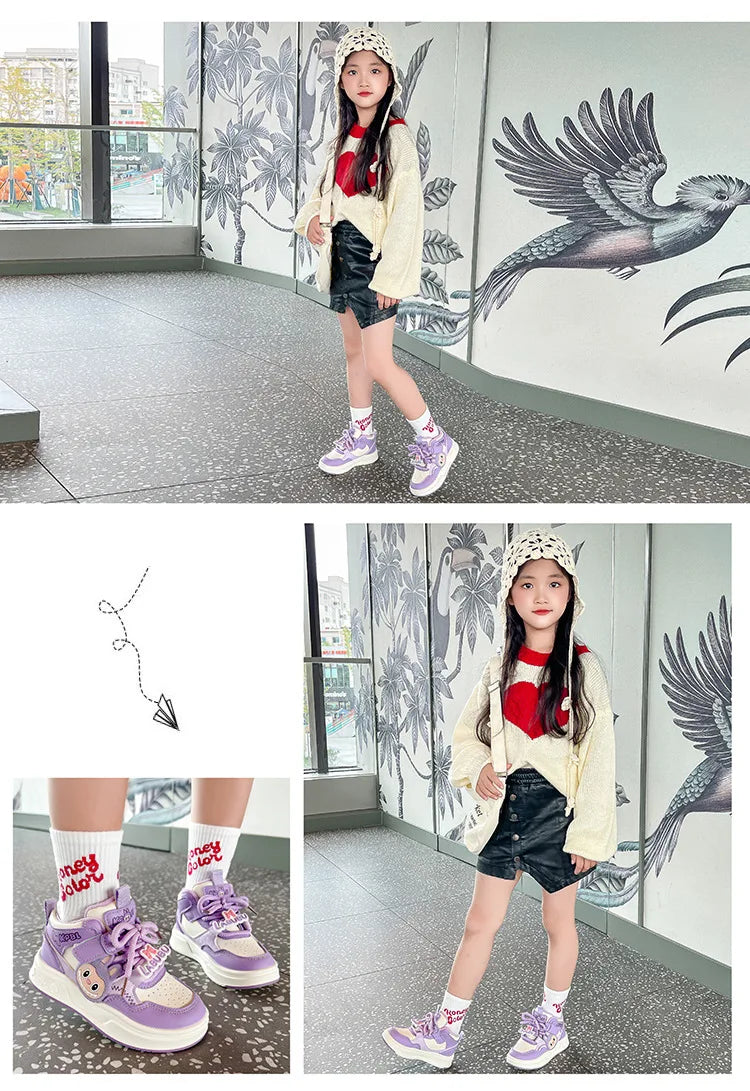 JHTFor Girls' High Top Plus Fleece Durable Autumn Warm Double Cotton Sports Sneakers Versatile Casual Children's Shoes