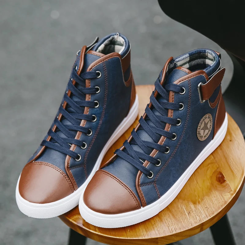 Wholesale  Fashion Trendy High Top Casual Sport Shoes Leather Boots Comfort Breathable Men's Canvas Sneakers