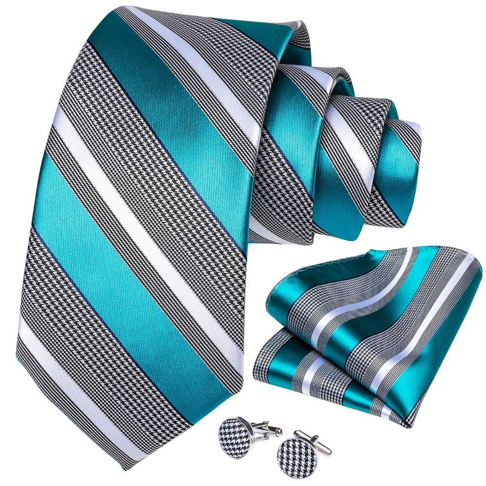 Gift Men Tie Teal Blue White Striped Silk wedding Tie For Men DiBanGu Designer Hanky Cufflink Quality Men Tie Set Business 7339