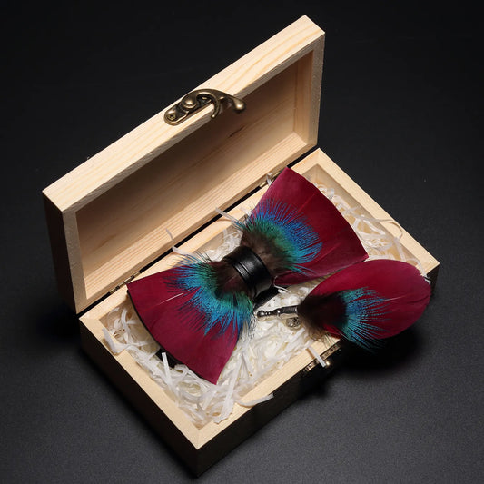 Ricnais Nature Design Feather Bow Tie For Men Original Handmand Bowtie Brooch Set Suit Wedding Party With Box Gift Accessories