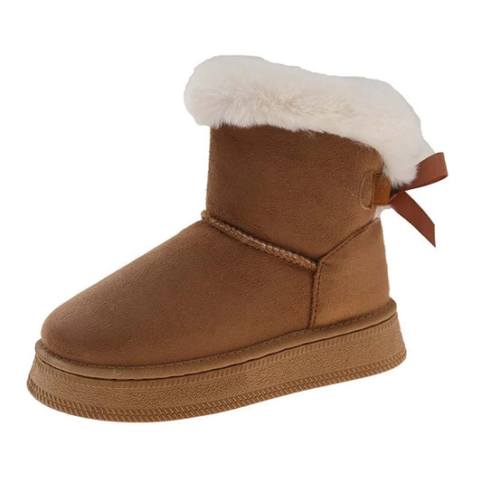 Ladies Velvet Thick Soled Snow Boots 2025 Winter New Style Bow Warm Large Women's Shoes