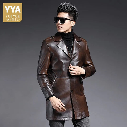 Brand Genuine Leather Medium Long Jacket Men Vintage Lapel Sheepskin Coat Business Single Breasted Casual Windbreakers Plus Size